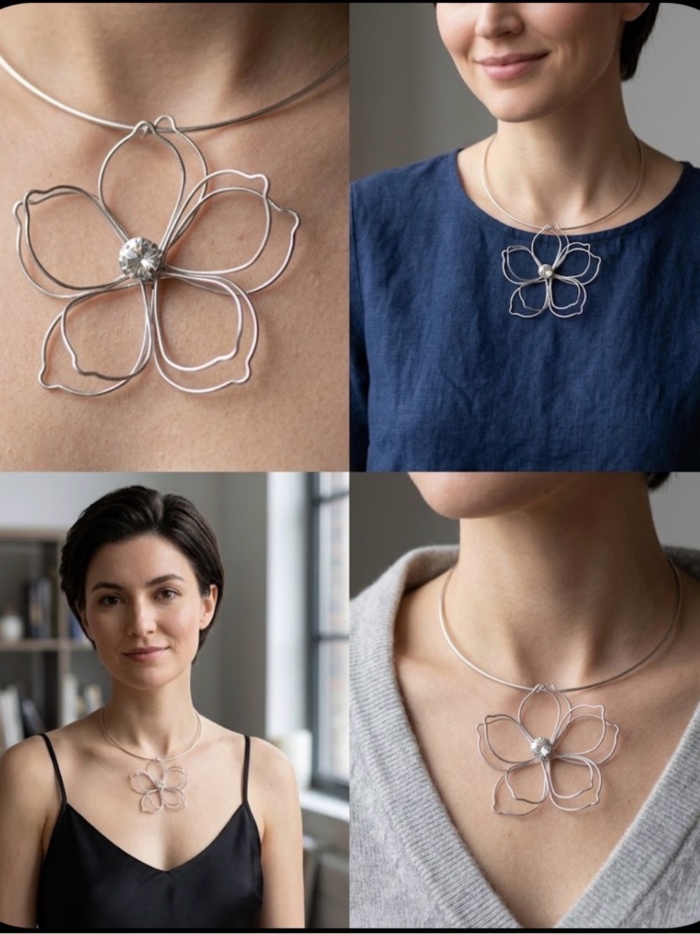 Silver Flower Pendant Necklace - Elegant Wire Bloom